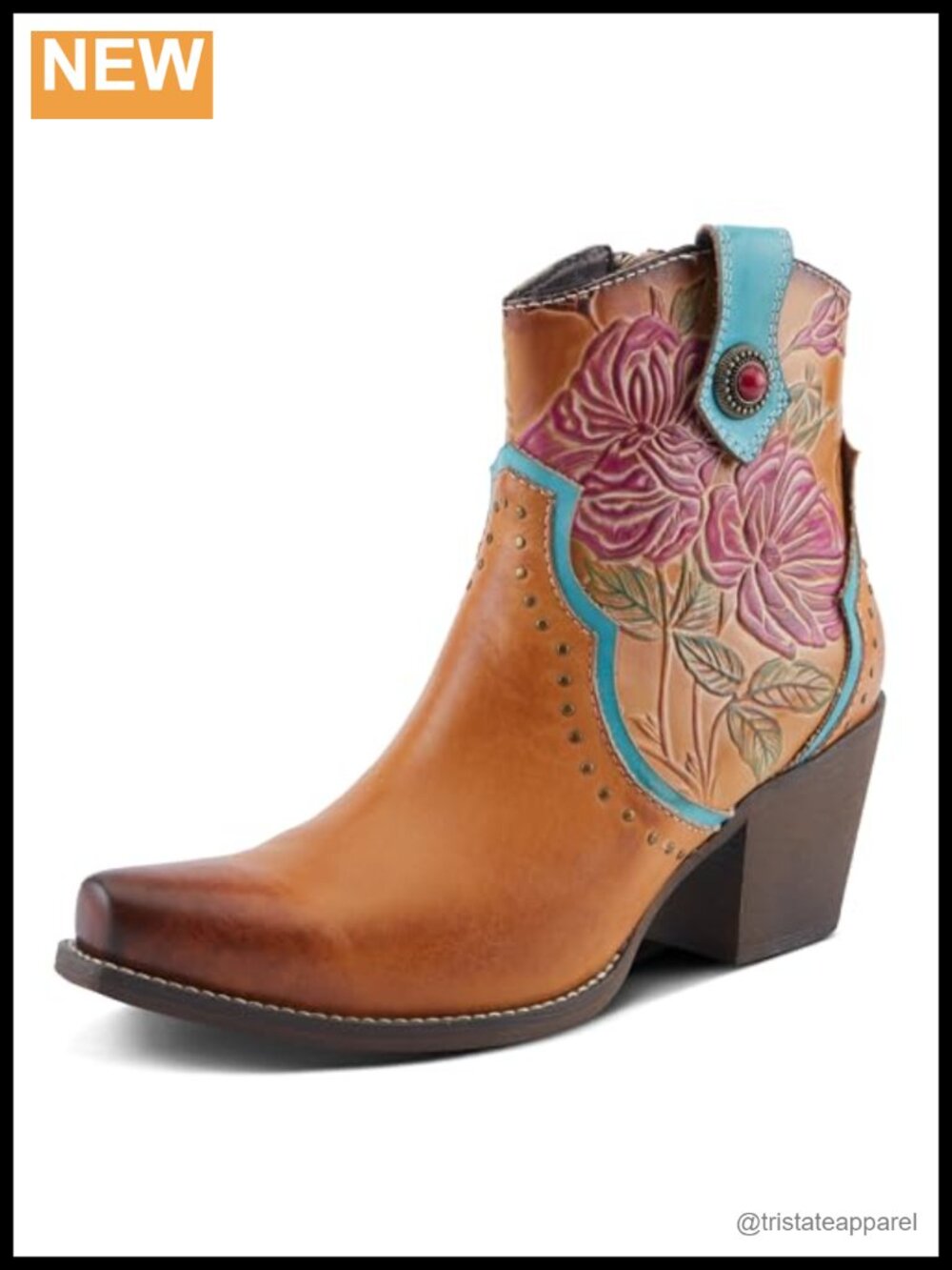 Mid-Calf Floral Cowboy Bootie Leather Ankle High Zipper Casual